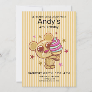 Cute Ice Cream Bear 4 Niños Invitación al cumpleañ