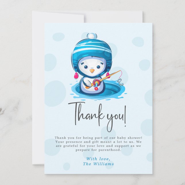 Cute Icy Blue Penguin Baby Shower Tarjeta de agrad (Anverso)