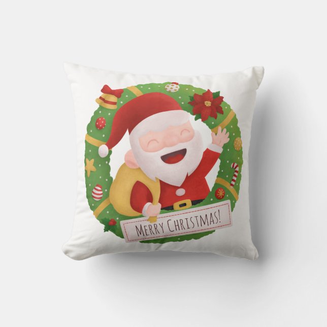 Cute Jolly Santa Claus Xmas Wreath Cojín decorativ (Anverso)