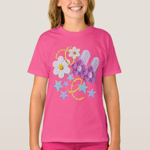 Cute Kawaii Camiseta Rosa de Flores y Estrellas Ki