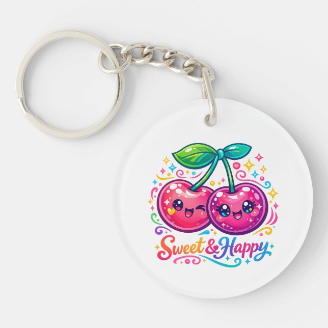 Cute Kawaii Cerezas Llavero Redondo (Frente)