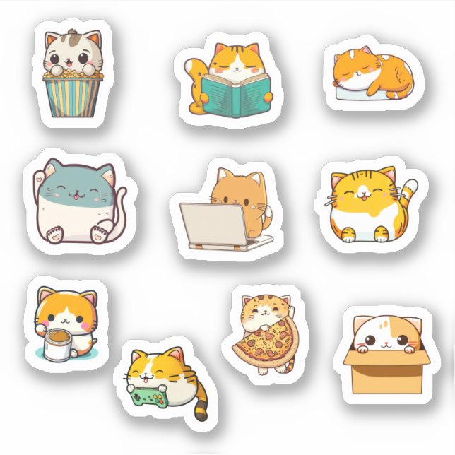 Cute Kawaii Chubby Cat Pegatina Bundle (Anverso)