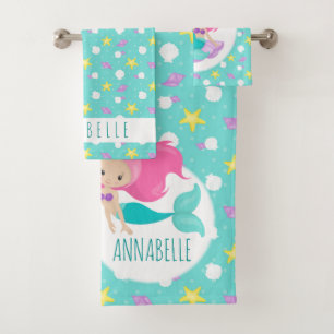 Cute Kids Blue Pink Mermaid Princess Sea Shell