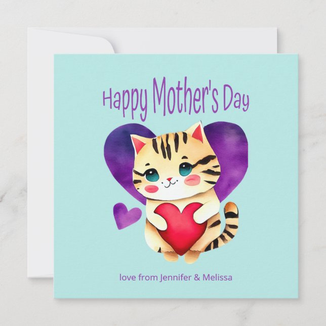 Cute Kitty Purple Red Heart Mother's Day Card (Anverso)