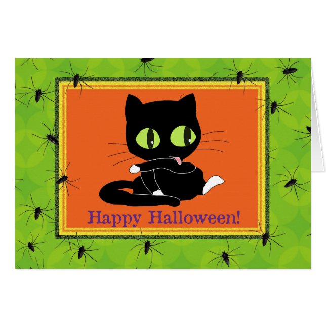 Cute Kitty y Spiders Halloween Card (Anverso (Horizontal))