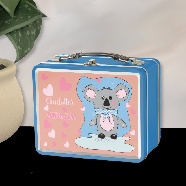 Cute Koala con el Lunchbox Metalizado del Chica de (Cute koala with heart kid metal lunchbox with name .)