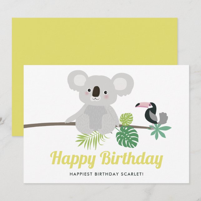 Cute Koala y Toucan Tropical Happy Birday (Anverso / Reverso)