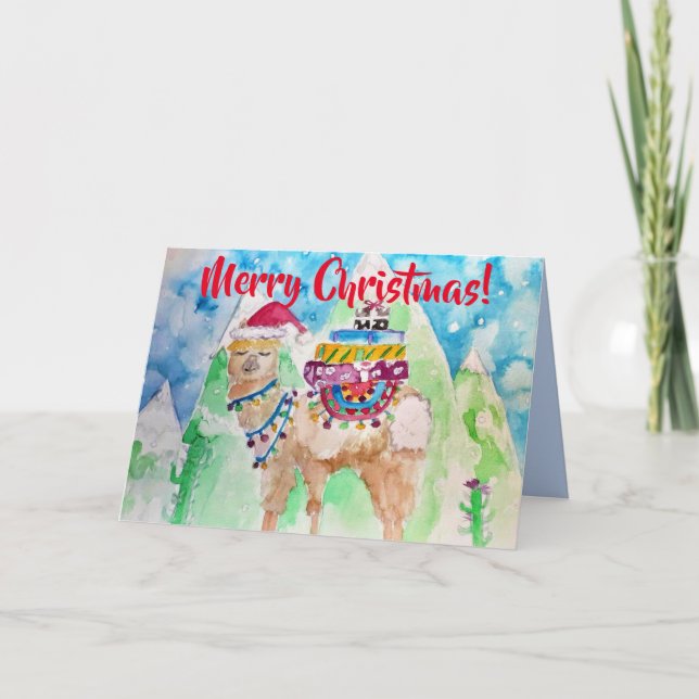 Cute Llama Merry Christmas Watercolor Tarjeta de a (Anverso)