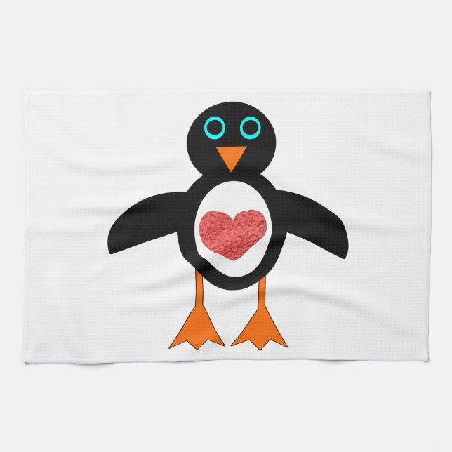 Cute Love Heart Penguin Kitchel Toalla (Horizontal)