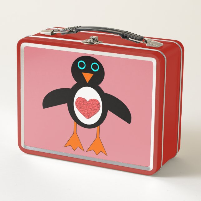 Cute Love Heart Penguin Metalizado Lunch Box (Anverso)