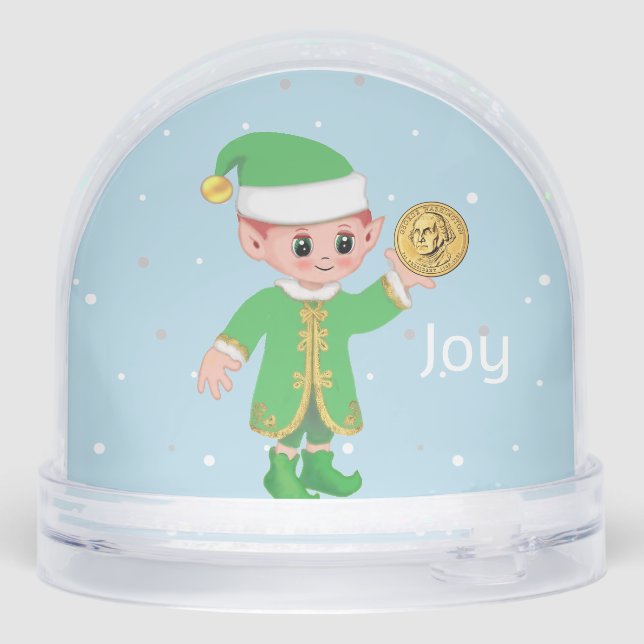 Cute Lucky Elf Holding a Gold Coin Snow Globe (Reverso)