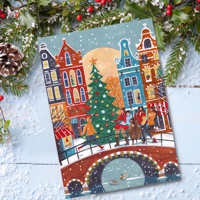 Cute moderna Ciudad Amsterdam Navidad (Cute modern City Amsterdam Christmas Holiday Postcard)