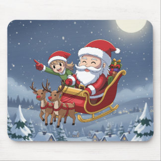 Cute Navidad Chibi Santa y Alfombra de Ratón Elfo