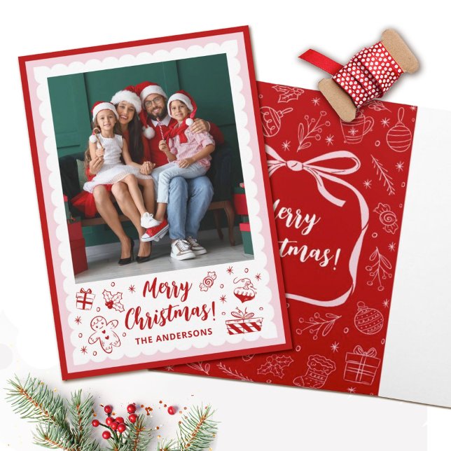 Cute Navidad Doodles Foto de vacaciones (Personalize this cute whimsical hand drawn photo Christmas Card with your photo and name.)