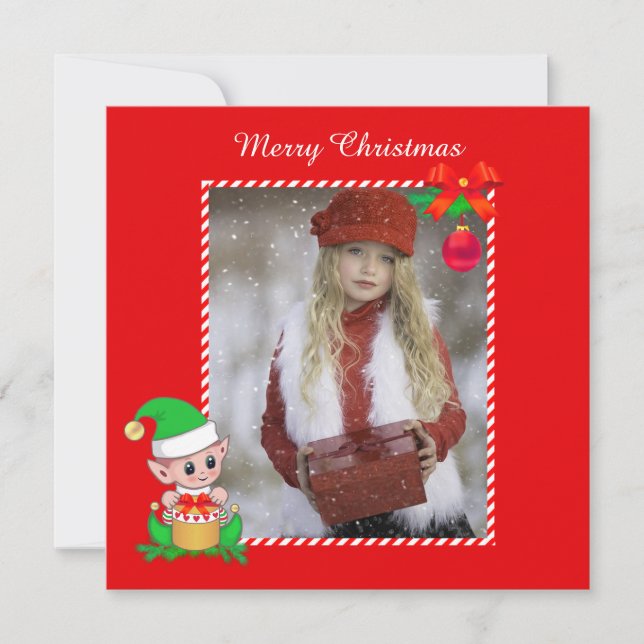Cute Navidad Elfo & Foto Personalizada en Rojo (Anverso)