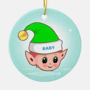 Cute Navidades elf sobre el adorno cerámico azul c