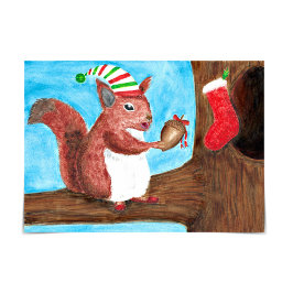 Cute Navidades Squirrel sosteniendo tarjeta de maí