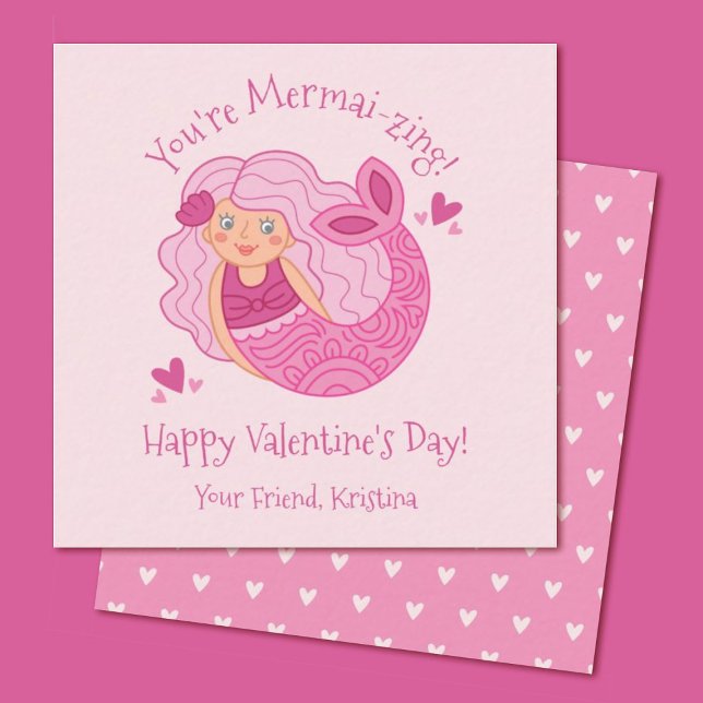 Cute niños rosados Mermaid San Valentín Tarjeta (A cute mermaid mini valentine. Personalize it for your girls classroom valentine exchange)