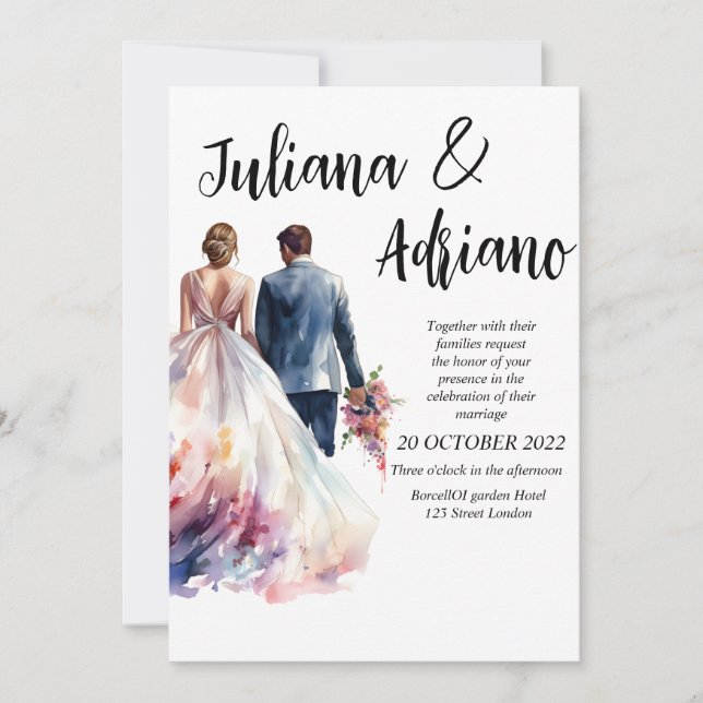 Cute novia novio acuarela tarjeta boda moderna (Anverso)