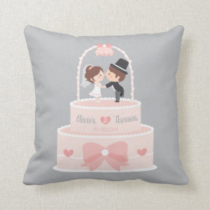 Cute Novia y Novio Almohada de Pastel de Boda Rosa