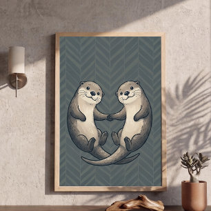 Cute nutrias tomados de la mano cartel de arte par
