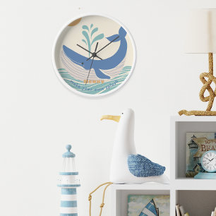 Cute Ocean Blue Whale Nombre Niños Sala Reloj de p