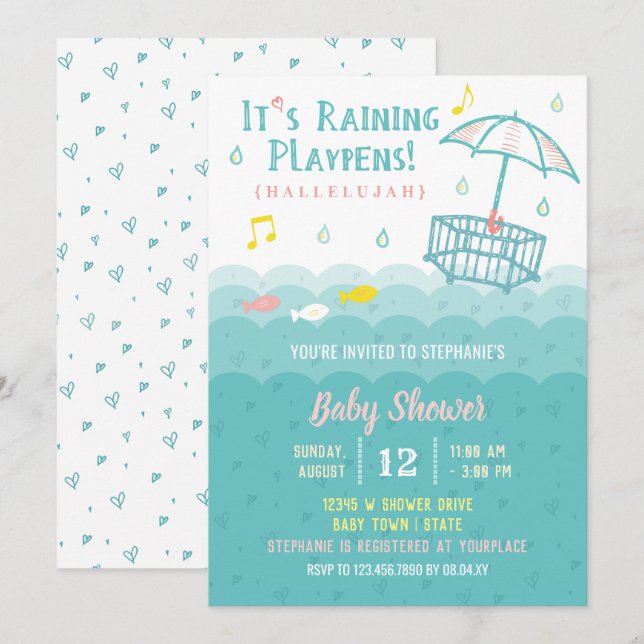 Cute Ocean Hearts Whimsical Invitación Baby Shower (Anverso / Reverso)