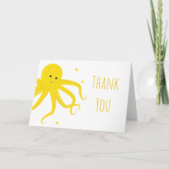Cute Octopus Heart Yellow Gracias Tarjeta (Anverso)