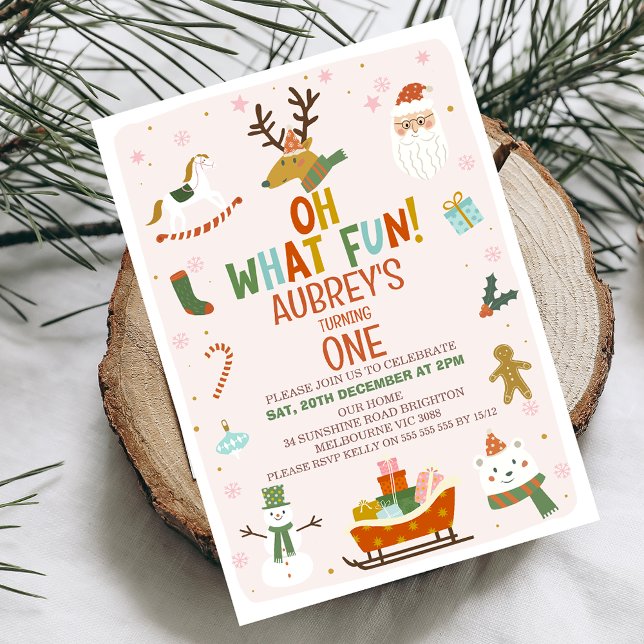 Cute Oh Qué Navidades Divertidos Invitación a Cump (Oh what fun to turn one birthday invitation.)