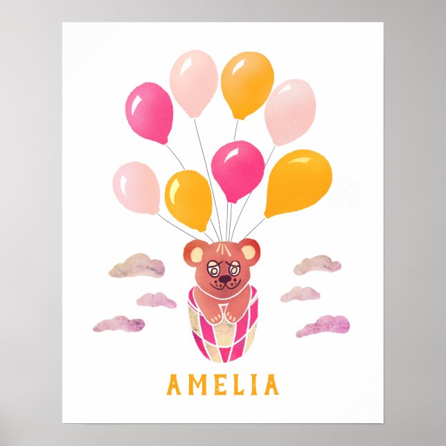 Cute Oso de Peluche Globos Rosas Póster Nombre Niñ (Frente)