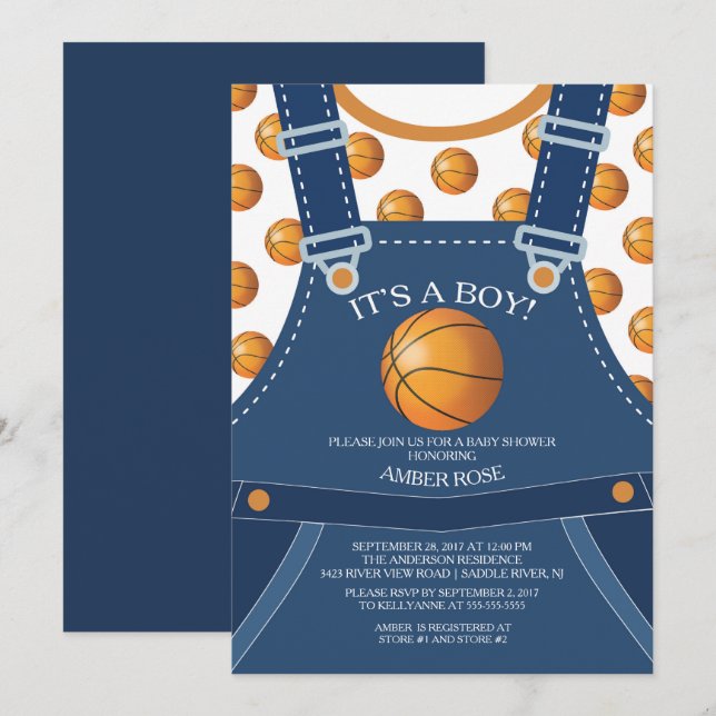 Cute Overalls BASKETBALL Invitación Baby Shower (Anverso / Reverso)