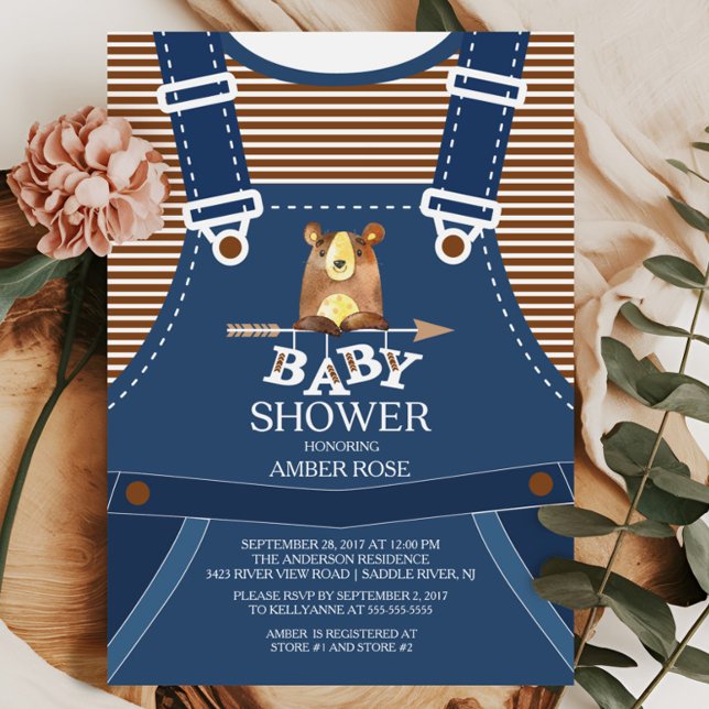 Cute Overalls Woodland Bear Invitación a Baby Show (Subido por el creador)