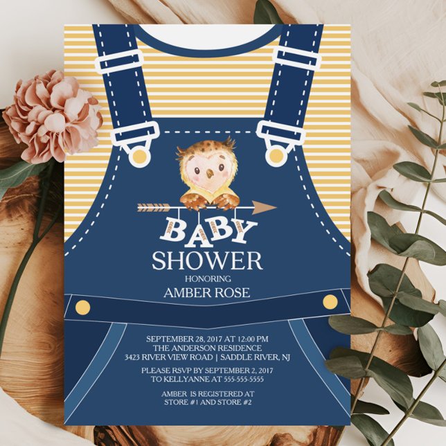 Cute Overalls Woodland Owl Invitación Baby Shower (Subido por el creador)