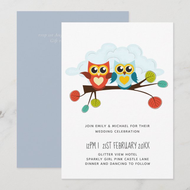 Cute OWLS Tema Boda Naranja Azul (Anverso / Reverso)
