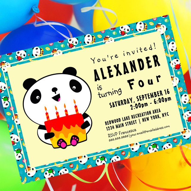 Cute Panda 4º cumpleaños Invitación a fiesta para  (Subido por el creador)