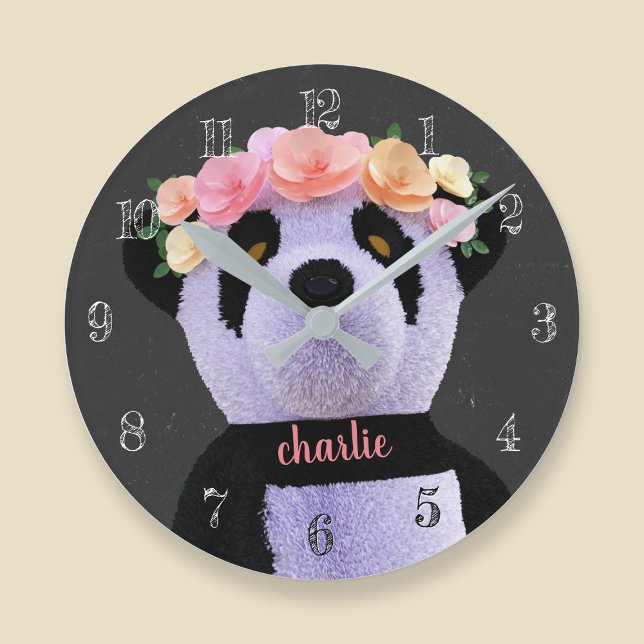 Cute Panda Bear Negro y Blanco Rústico Reloj (A cute panda bear with flowers in her hair. Just add your name)