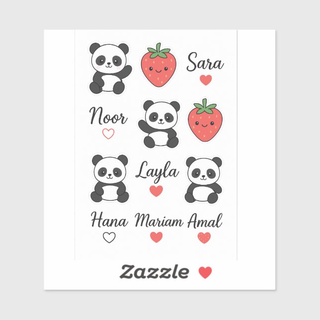 Cute Panda, fresa y nombre personalizado Pegatina  (Hoja)