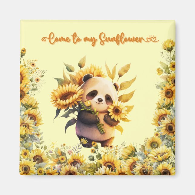 Cute Panda Holding Sunflowers | Imán cuadrado (Frente)