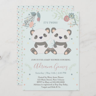 Cute Panda lleva una invitación Baby Shower gemela