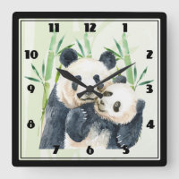 Cute Panda Pair en Bambú acuarela reloj grande