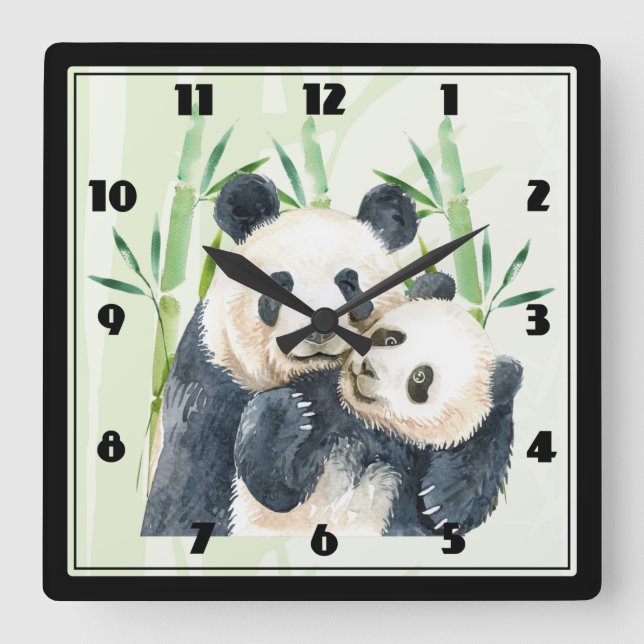 Cute Panda Pair en Bambú acuarela reloj grande (Anverso)