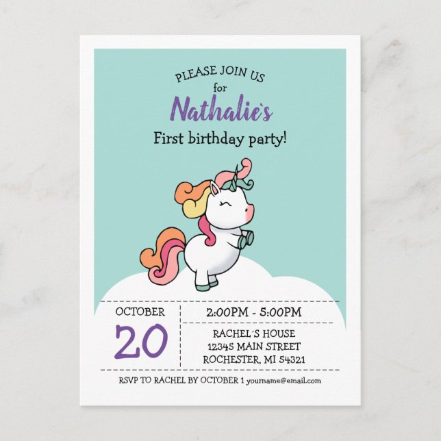 Cute pastel unicornio 1ª invitación de cumpleaños (Anverso)