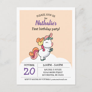 Cute pastel unicornio 1ª invitación de cumpleaños
