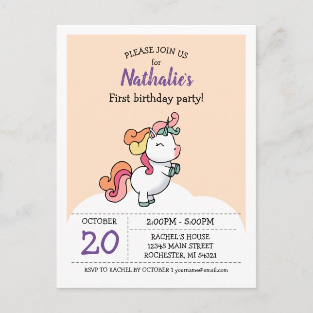 Cute pastel unicornio 1ª invitación de cumpleaños (Anverso)