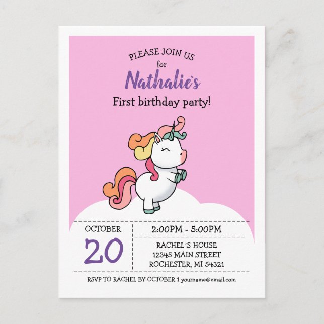Cute pastel unicornio 1ª invitación de cumpleaños (Anverso)