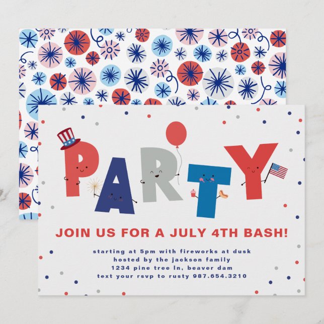 Cute Patriótico Invitación del partido del 4 de ju (Anverso / Reverso)