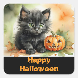 Cute Pegatina cuadrada de Halloween de gatito negr