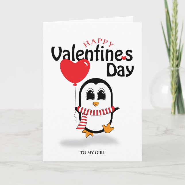 Cute Penguin Heart Balloons Tarjeta de San Valentí (Anverso)