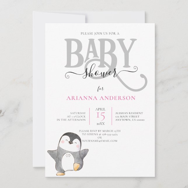 CUTE PENQUIN GÉNERO INVITACIÓN NEUTRAL DE BABY SHO (Anverso)