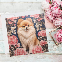 Cute Perro Pomerano Pink Floral Gracias Tarjeta